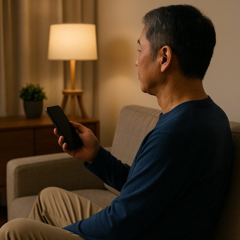 寂しそうにテレビに向き合う50代男性